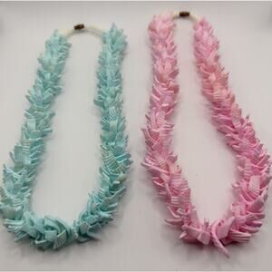 2 Large Thick Shell Lei Necklaces Light Blue & Pink 17” Each Hawaiian Beach